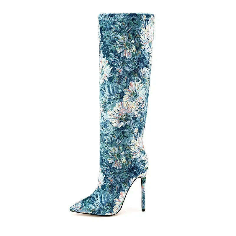 KIMLUD, Women Pointed Toe Long Boots Fashion Print High Heels Slip On Mature Ladies Shoes Brand Design New Blue Flower Luxury Booties, KIMLUD Womens Clothes