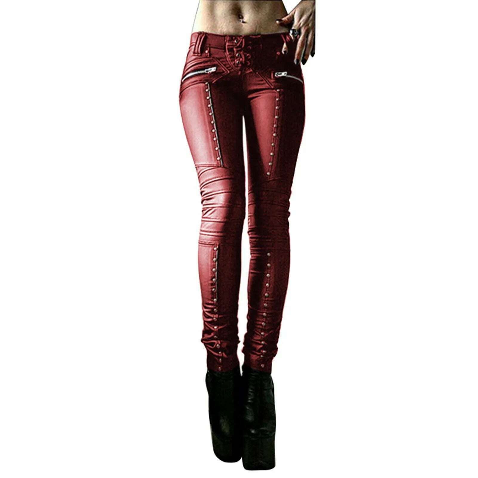 Women Retro PU Pants Leather steampunk Rivet Zipper Lace up Pencil pants Medieval Gothic Skinny Streetwear Autumn Casual Trouse - KIMLUD