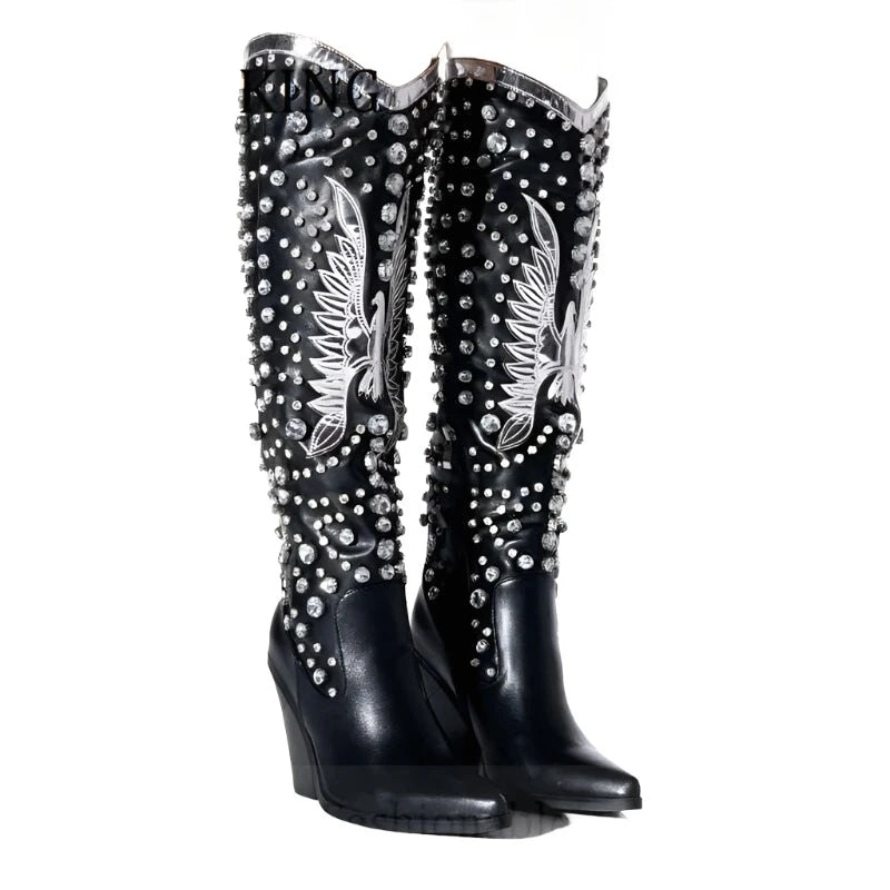Women Rhinestone Embellished Western Boots Sexy Pointed Toe Wedge Heels Botines De Mujer Autumn Winter Cowboy Knee High Boots - KIMLUD