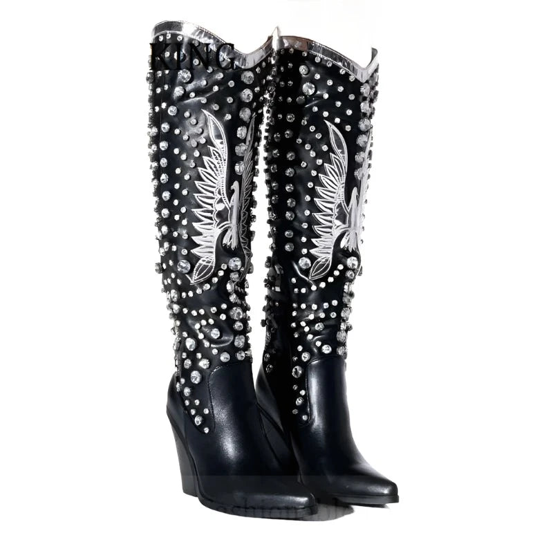 Women Rhinestone Embellished Western Boots Sexy Pointed Toe Wedge Heels Botines De Mujer Autumn Winter Cowboy Knee High Boots - KIMLUD