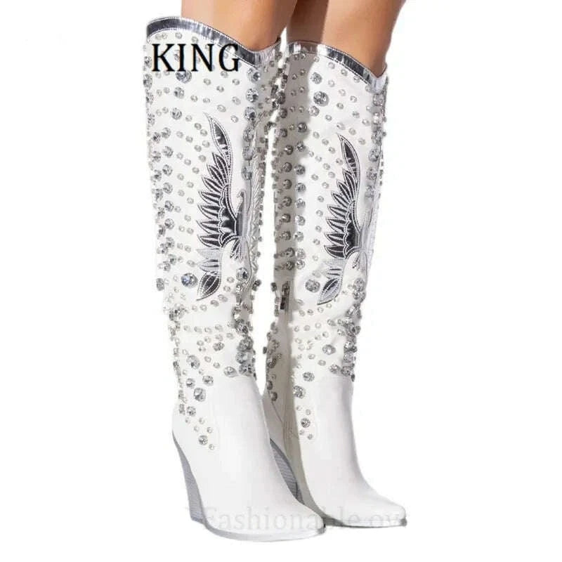 Women Rhinestone Embellished Western Boots Sexy Pointed Toe Wedge Heels Botines De Mujer Autumn Winter Cowboy Knee High Boots - KIMLUD