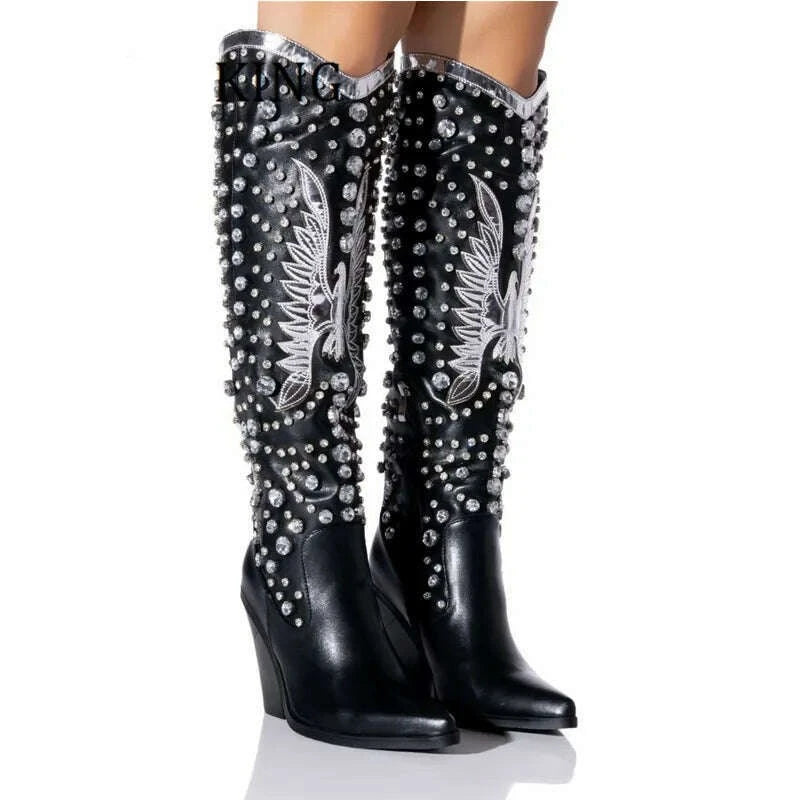 Women Rhinestone Embellished Western Boots Sexy Pointed Toe Wedge Heels Botines De Mujer Autumn Winter Cowboy Knee High Boots - KIMLUD