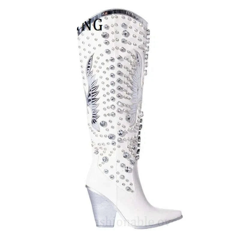 Women Rhinestone Embellished Western Boots Sexy Pointed Toe Wedge Heels Botines De Mujer Autumn Winter Cowboy Knee High Boots - KIMLUD