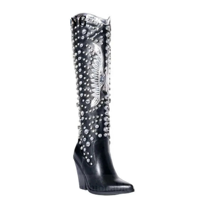 Women Rhinestone Embellished Western Boots Sexy Pointed Toe Wedge Heels Botines De Mujer Autumn Winter Cowboy Knee High Boots - KIMLUD