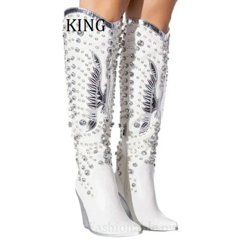 Women Rhinestone Embellished Western Boots Sexy Pointed Toe Wedge Heels Botines De Mujer Autumn Winter Cowboy Knee High Boots - KIMLUD