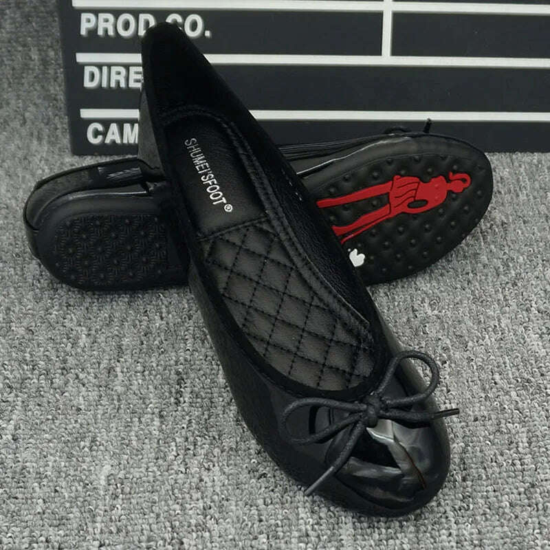 Women Slip on Flat Shoes Round Toe Shallow Butterfly-Knot Ballerina Loafers Patent Leather Lady Ballet - KIMLUD