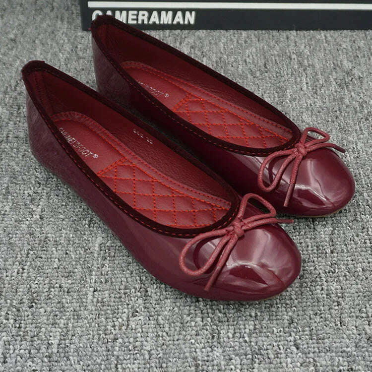 Women Slip on Flat Shoes Round Toe Shallow Butterfly-Knot Ballerina Loafers Patent Leather Lady Ballet - KIMLUD