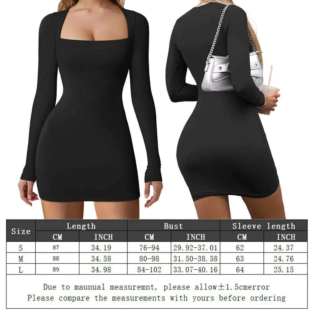 Women Square Neck Dress Long Sleeve Buttocks Wrapped Dress Slim Fit Bodycon Sexy Dress Ladies Club Streetwear - KIMLUD