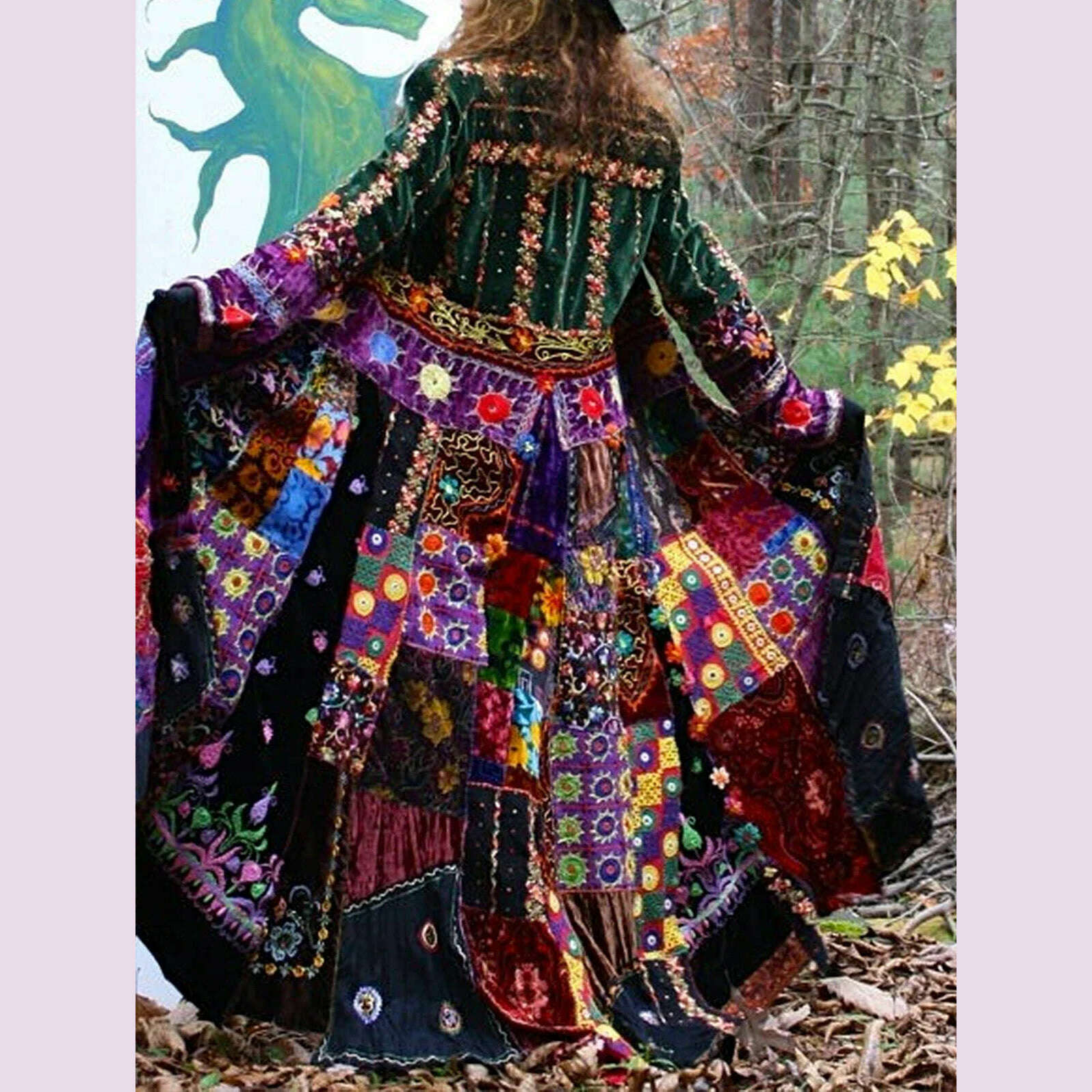 KIMLUD, Women Velvet Dress Floral Printed Pleated Dress Turn Down Collar American Retro  Casual Long Sleeve Patchwork Outerwear Dress, green / XXL, KIMLUD APPAREL - Womens Clothes