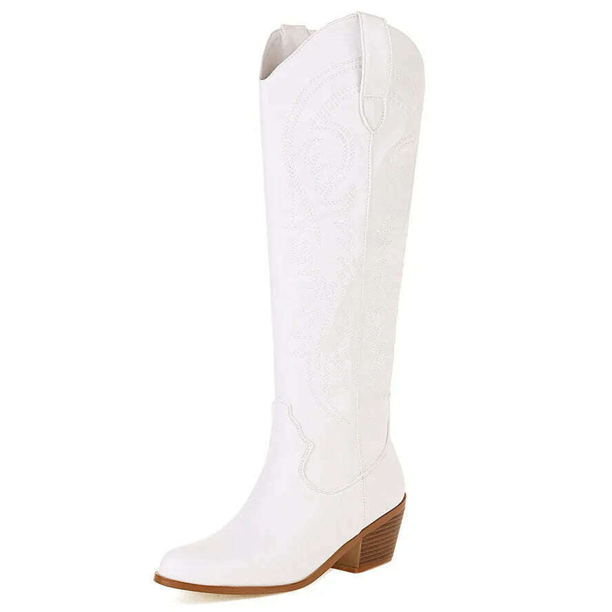 Women Western Cowboy Boots Pointed Women's Shoes Embroidered Knee High Boots Winter Chunky Heel Wedges Knight Botas Feminina - KIMLUD