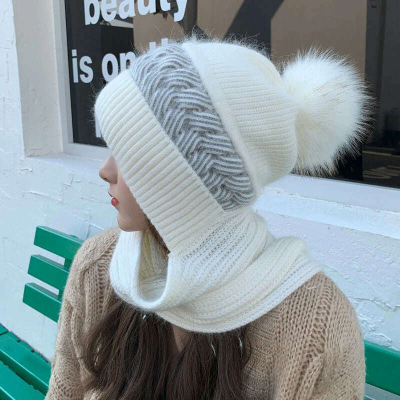 Women Winter Hood Beanies Thick Woolen Knitted Hat+Scarf Fur Pompom Crochet Bonnet Outdoor Ski Female Cap Warm Headgear - KIMLUD
