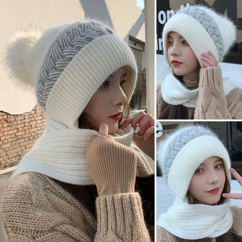 Women Winter Hood Beanies Thick Woolen Knitted Hat+Scarf Fur Pompom Crochet Bonnet Outdoor Ski Female Cap Warm Headgear - KIMLUD