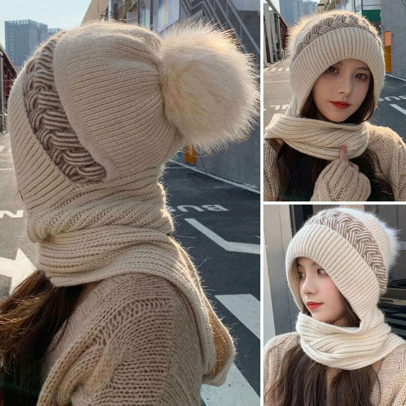 Women Winter Hood Beanies Thick Woolen Knitted Hat+Scarf Fur Pompom Crochet Bonnet Outdoor Ski Female Cap Warm Headgear - KIMLUD