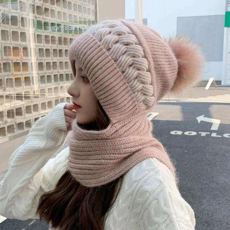 Women Winter Hood Beanies Thick Woolen Knitted Hat+Scarf Fur Pompom Crochet Bonnet Outdoor Ski Female Cap Warm Headgear - KIMLUD