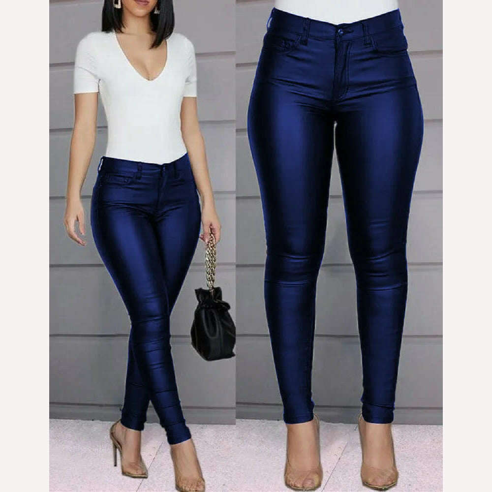 Women&#39;s Slim Pencil Pants Casual Buttoned Solid Coated PU Pants - KIMLUD