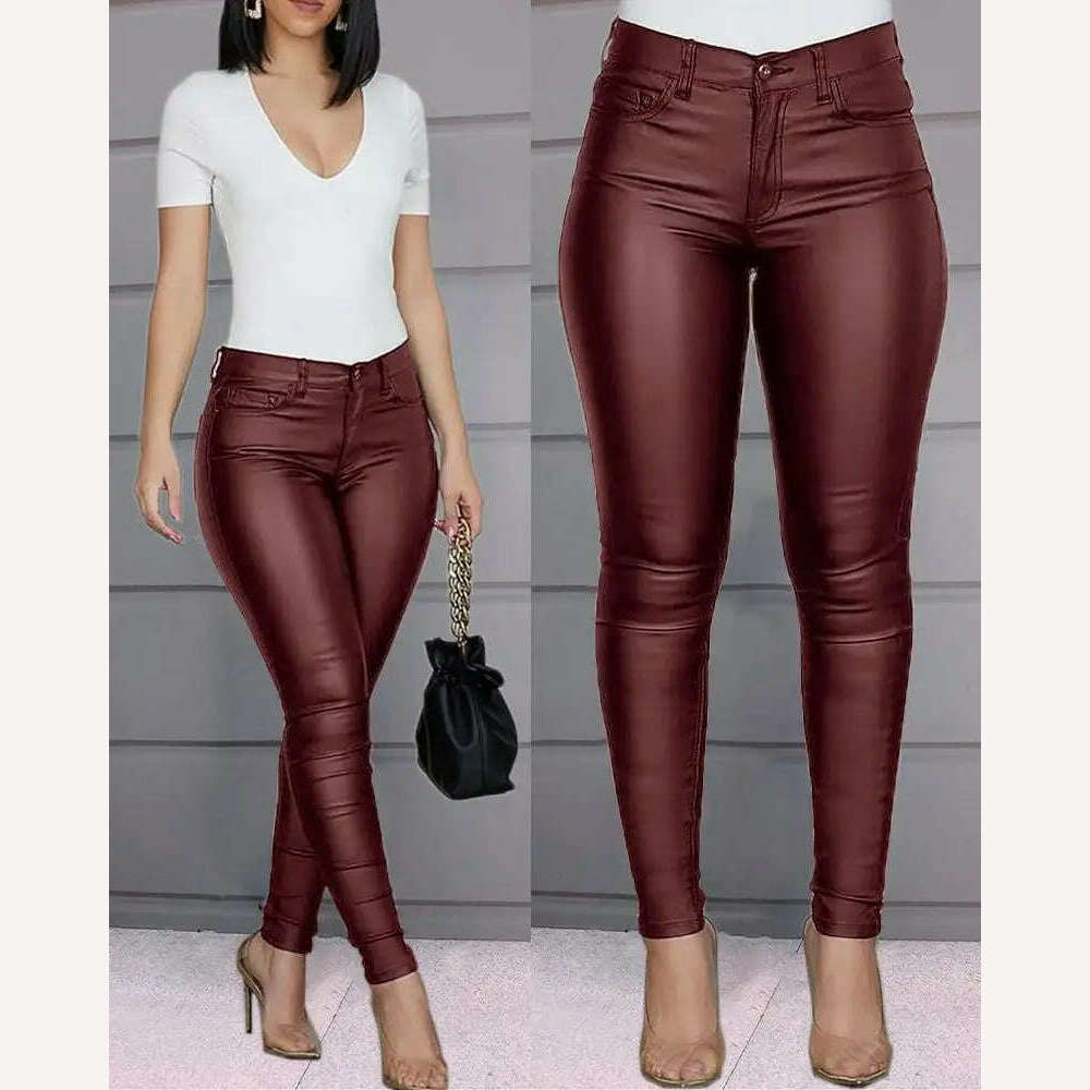 Women&#39;s Slim Pencil Pants Casual Buttoned Solid Coated PU Pants - KIMLUD