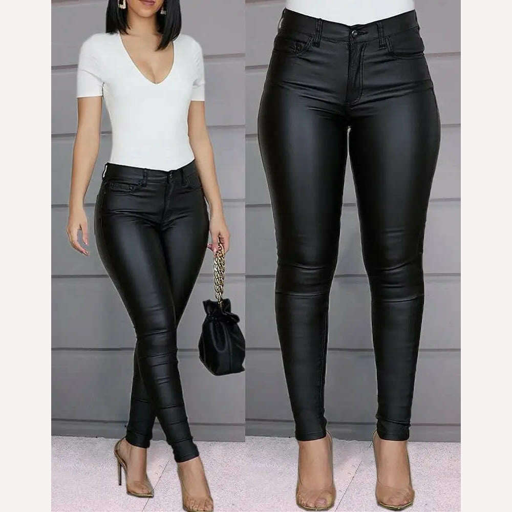 Women&#39;s Slim Pencil Pants Casual Buttoned Solid Coated PU Pants - KIMLUD