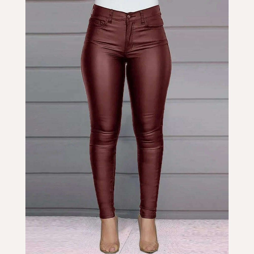 Women&#39;s Slim Pencil Pants Casual Buttoned Solid Coated PU Pants - KIMLUD