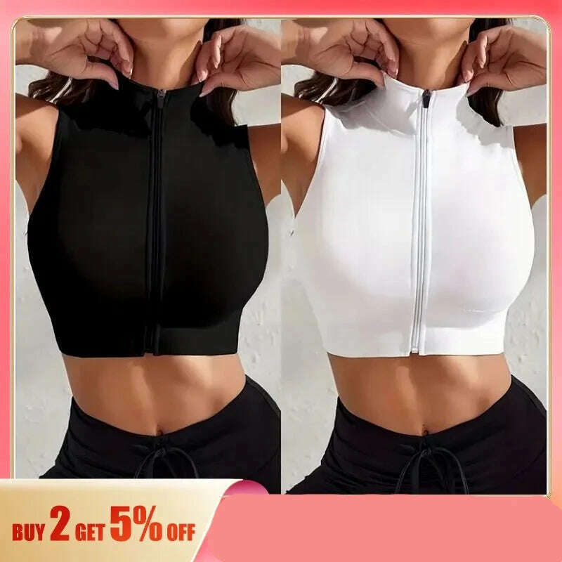 Women's 2-piece Set Close-fitting Breathable Sexy Yoga Zipper Exercise Fitness Vest Top - KIMLUD