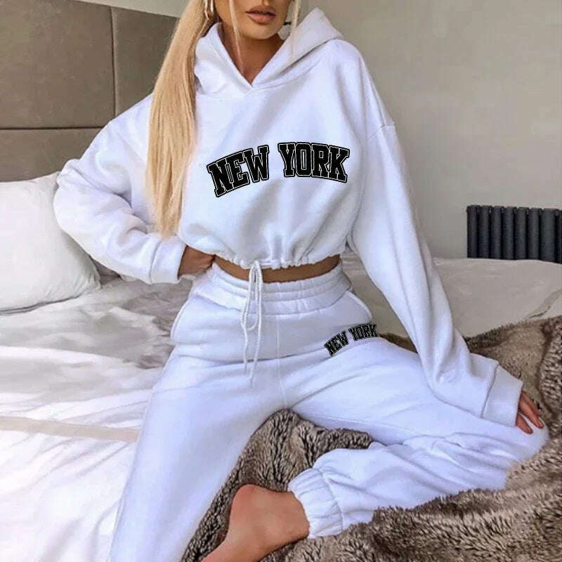 Womens 2 Pieces Suit Hooded Print Pullover Tracksuit Set Drawstring Short Sweatshirts Casual Sweatpants Sports Home Clothing - KIMLUD
