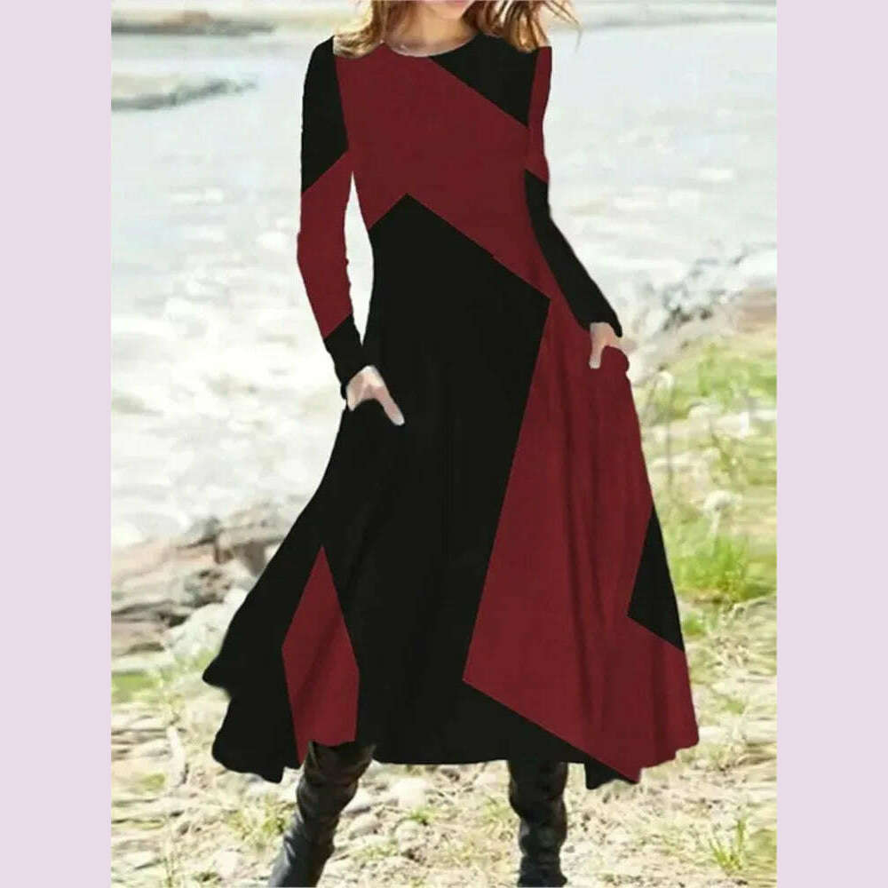 Women's Autumn Winter New Casual Retro Style Fashionable Geometric Print Long Sleeved Round Neck Oversized Swing Long Skirt - KIMLUD
