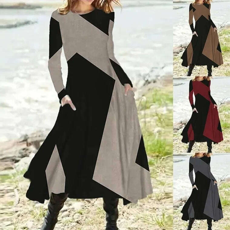 Women's Autumn Winter New Casual Retro Style Fashionable Geometric Print Long Sleeved Round Neck Oversized Swing Long Skirt - KIMLUD