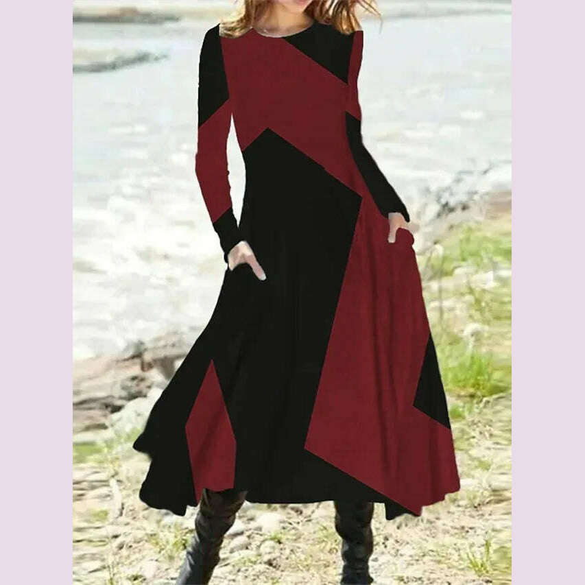 Women's Autumn Winter New Casual Retro Style Fashionable Geometric Print Long Sleeved Round Neck Oversized Swing Long Skirt - KIMLUD
