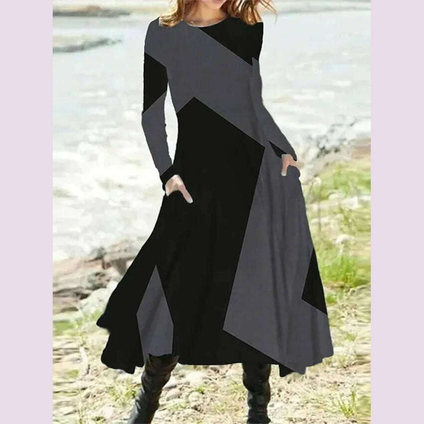 Women's Autumn Winter New Casual Retro Style Fashionable Geometric Print Long Sleeved Round Neck Oversized Swing Long Skirt - KIMLUD