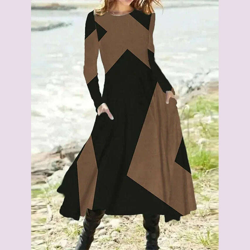 Women's Autumn Winter New Casual Retro Style Fashionable Geometric Print Long Sleeved Round Neck Oversized Swing Long Skirt - KIMLUD