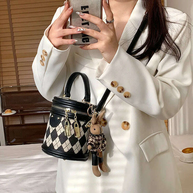 Women's Bag for Women Fashion Luxury Designer Zipper Small Handbags For Women Leather Bucket Shoulder Bag 2023 New Trend Pendant - KIMLUD