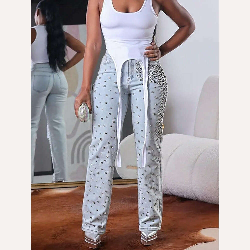 Women's Beading Jeans High Waist Slim Spring Casual Denim Pant Vintage Fashion 2024 Streetwear Straight Jeans Trousers 2024 - KIMLUD