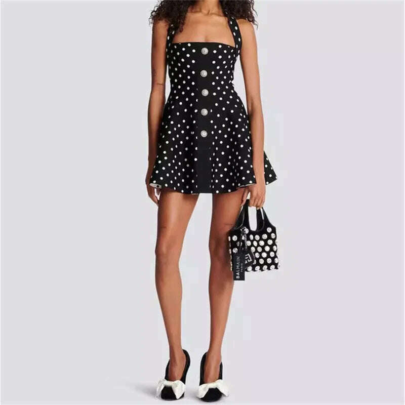 Womens dresses 2024 Summer New Dot Print Hanging Neck Dress Elastic knitted slim sleeveless mini skirt Metal button Long dress - KIMLUD