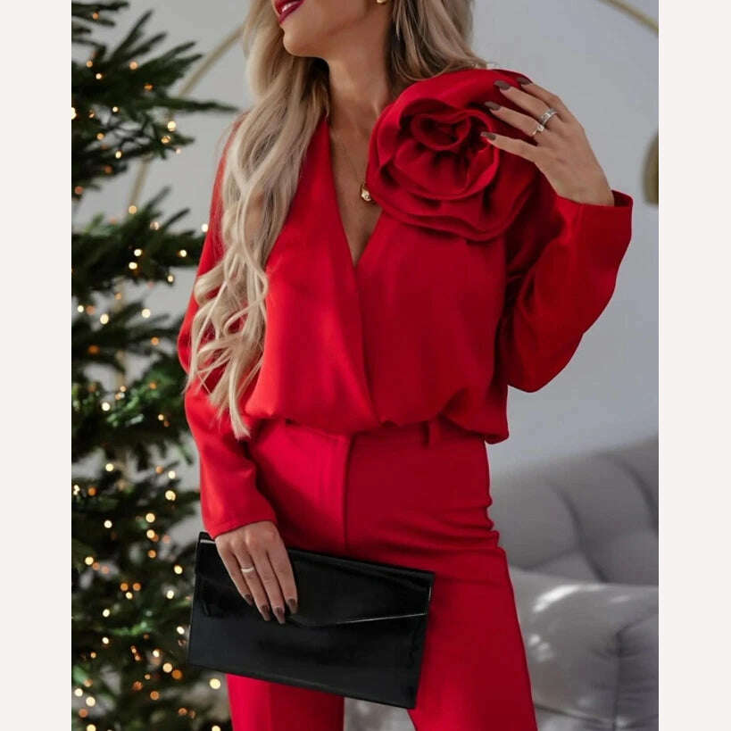 Women's Elegant Rose Detail Long Sleeve Overlap Top Temperament Commuting Female Clothing Woman Fashion V-Neck Casual Blouses - KIMLUD