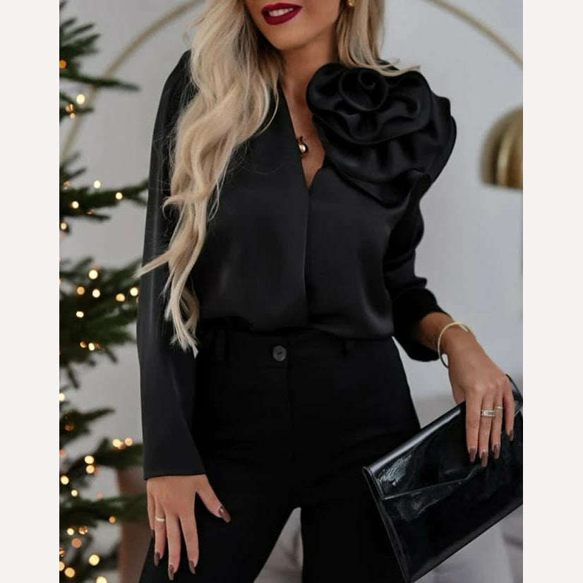Women's Elegant Rose Detail Long Sleeve Overlap Top Temperament Commuting Female Clothing Woman Fashion V-Neck Casual Blouses - KIMLUD