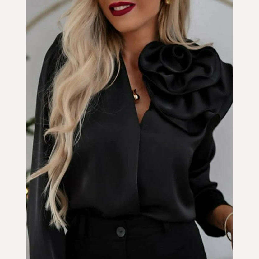 Women's Elegant Rose Detail Long Sleeve Overlap Top Temperament Commuting Female Clothing Woman Fashion V-Neck Casual Blouses - KIMLUD