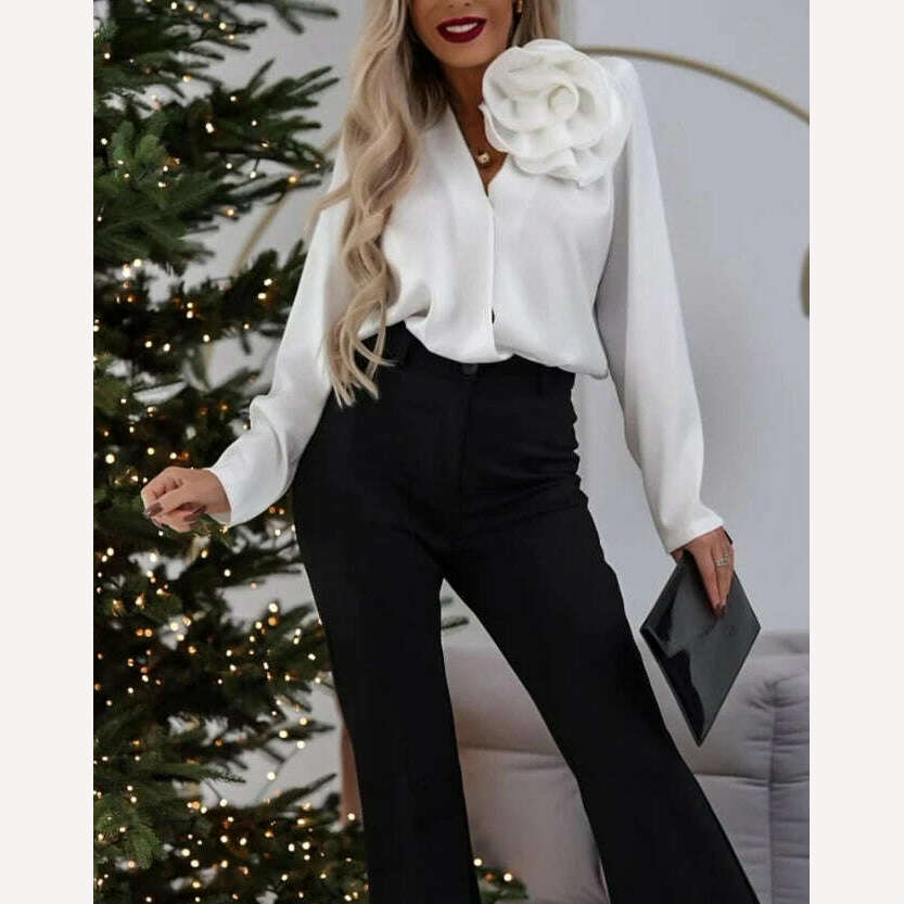 Women's Elegant Rose Detail Long Sleeve Overlap Top Temperament Commuting Female Clothing Woman Fashion V-Neck Casual Blouses - KIMLUD