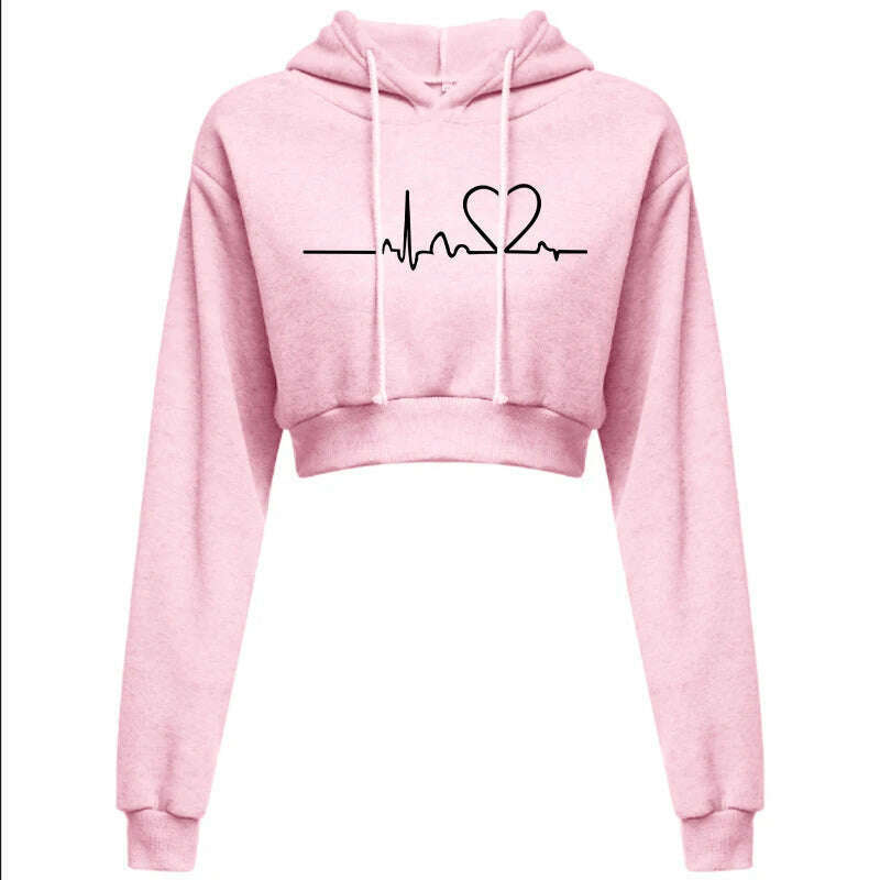 Women's Hooded Sweaters Hoodies Solid Color Long Sleeve ECG Prited Cropped Hooded Pullover - KIMLUD