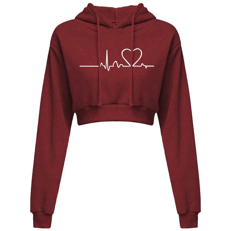 Women's Hooded Sweaters Hoodies Solid Color Long Sleeve ECG Prited Cropped Hooded Pullover - KIMLUD