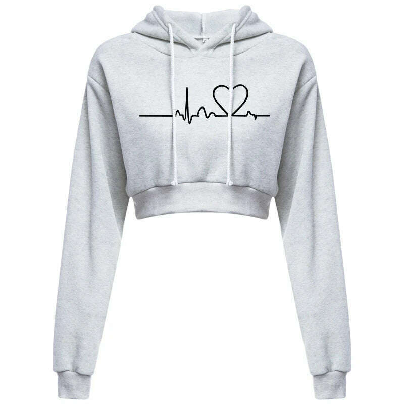 Women's Hooded Sweaters Hoodies Solid Color Long Sleeve ECG Prited Cropped Hooded Pullover - KIMLUD