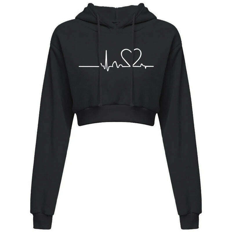 Women's Hooded Sweaters Hoodies Solid Color Long Sleeve ECG Prited Cropped Hooded Pullover - KIMLUD