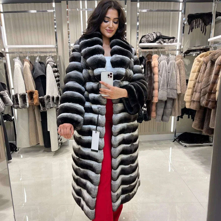 Women's Long Winter Coat Chinchilla Luxury Real Rex Rabbit Fur Coats For Women Fur Coat Women Warm Best Seller - KIMLUD