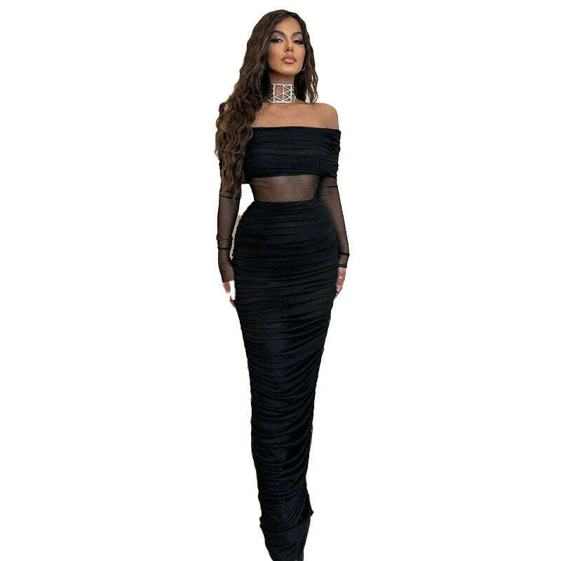 KIMLUD, Women's Mesh See Through Mini Bodycon Dress, Black, Monochromatic, Long Sleeve, Party Club Clothing, Spring, KIMLUD Womens Clothes