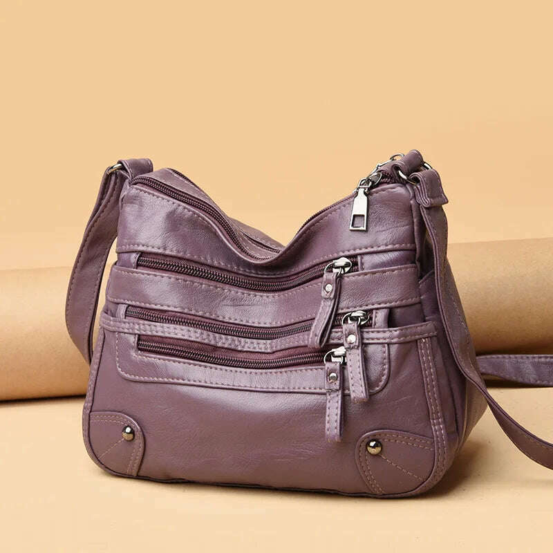 KIMLUD, Women's Multi Zipper Shoulder Bag, Versatile Solid Color Faux Leather Crossbody Bag, KIMLUD Womens Clothes