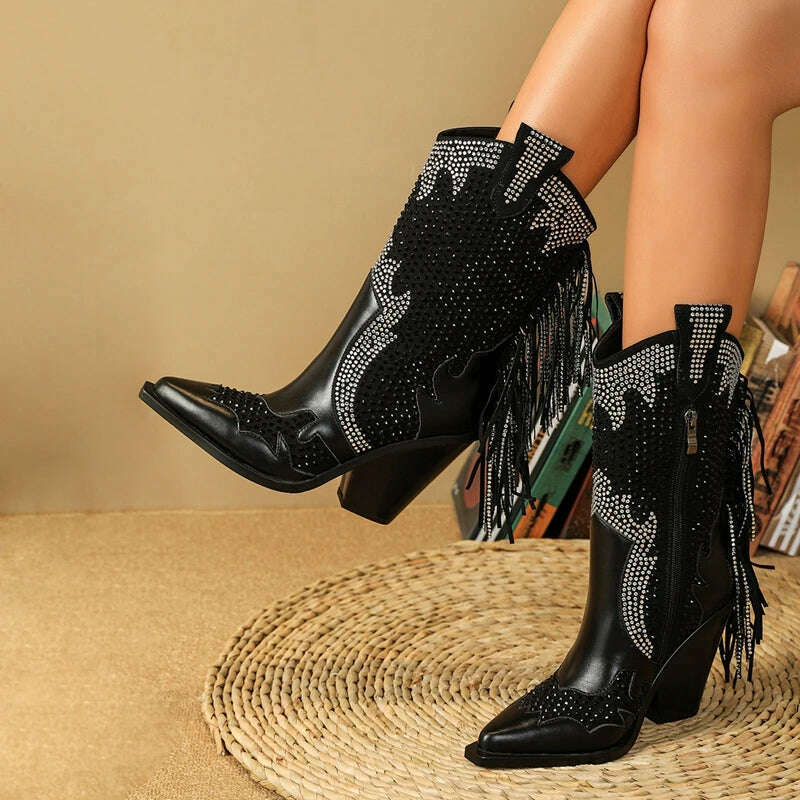Women's new European and American pointed tassel rhinestone high heeled oversized and calf Western denim short boots - KIMLUD