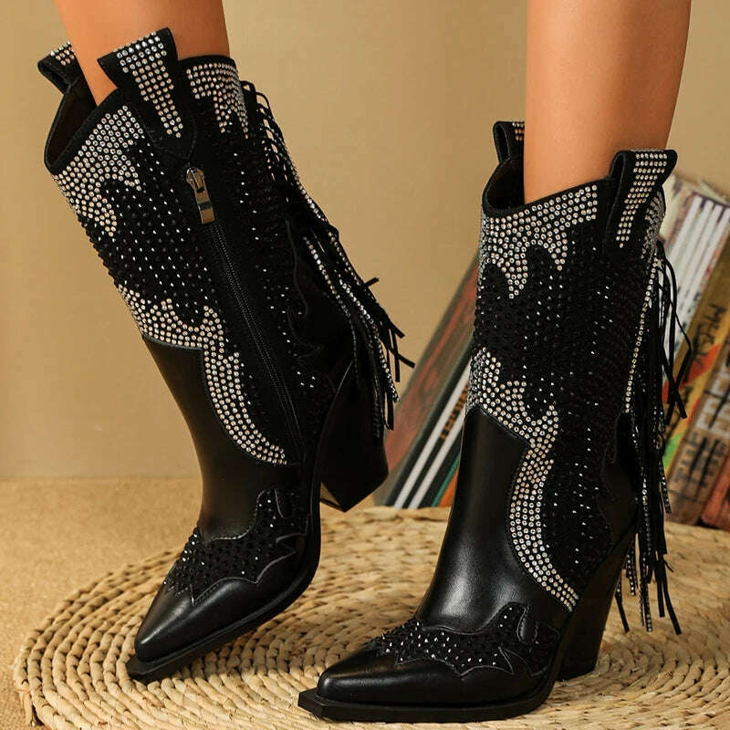 Women's new European and American pointed tassel rhinestone high heeled oversized and calf Western denim short boots - KIMLUD