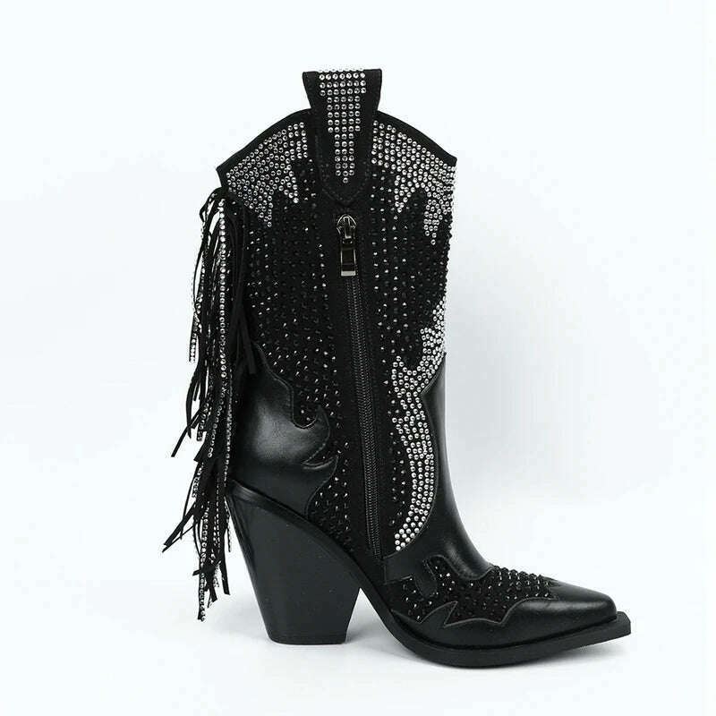 Women's new European and American pointed tassel rhinestone high heeled oversized and calf Western denim short boots - KIMLUD
