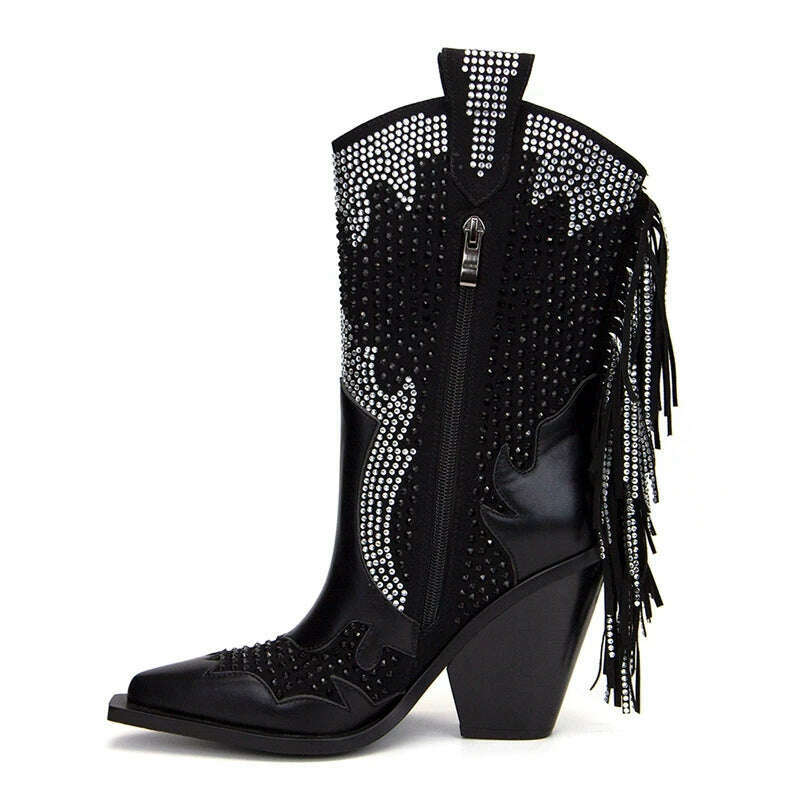 Women's new European and American pointed tassel rhinestone high heeled oversized and calf Western denim short boots - KIMLUD