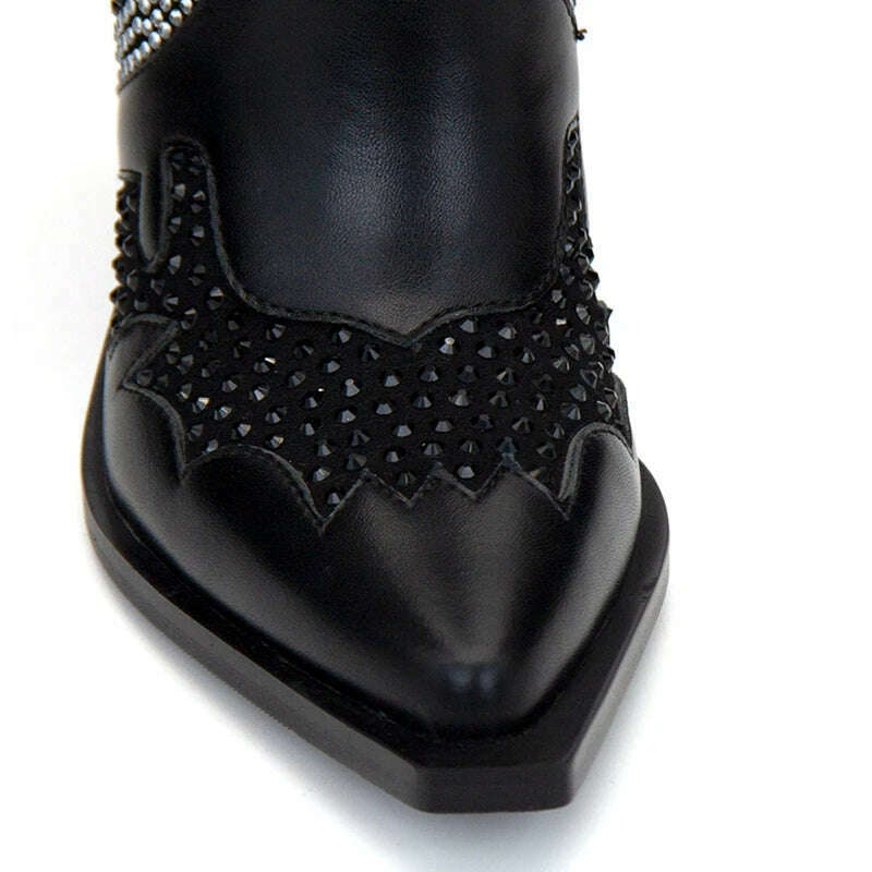 Women's new European and American pointed tassel rhinestone high heeled oversized and calf Western denim short boots - KIMLUD