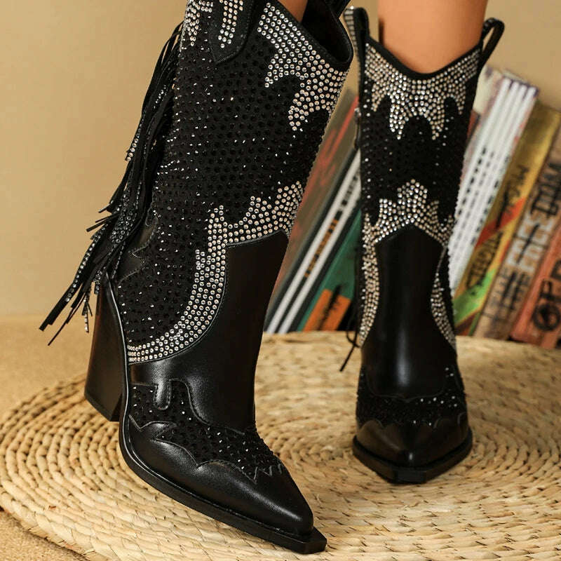 Women's new European and American pointed tassel rhinestone high heeled oversized and calf Western denim short boots - KIMLUD
