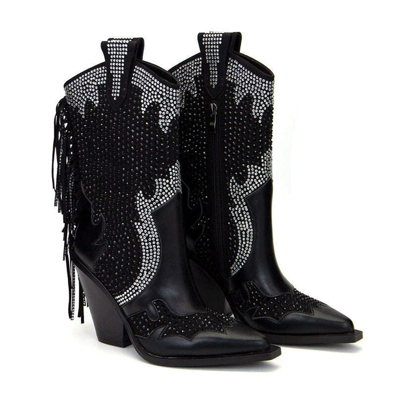 Women's new European and American pointed tassel rhinestone high heeled oversized and calf Western denim short boots - KIMLUD